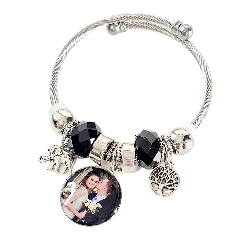 Onyx Serenity Silver Personalized Charm Bracelet 🌟 Adjustable Photo Charm Bracelet 🌟Custom Photograph Gift For Her