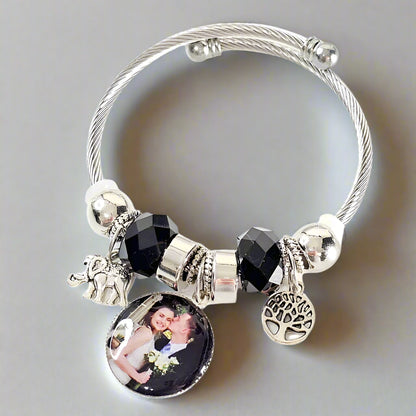 Onyx Serenity Charm Bracelet 🌟 Adjustable Photo Charm Bracelet 🌟Custom Photograph Gift For Her