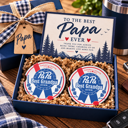 Papa Best Grandpa Ever car coaster set packaged as a gift for Grandpa