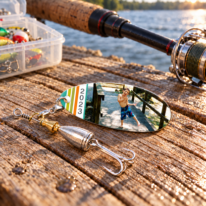 Personalized photo fishing lure with a child’s picture and 2023 resting on a wooden dock beside a fishing rod and tackle box.