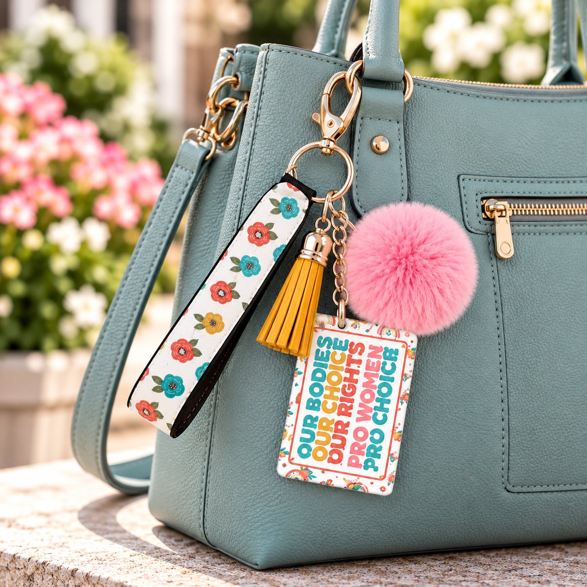 Petals Power and Choice wristlet keychain hanging from a purse
