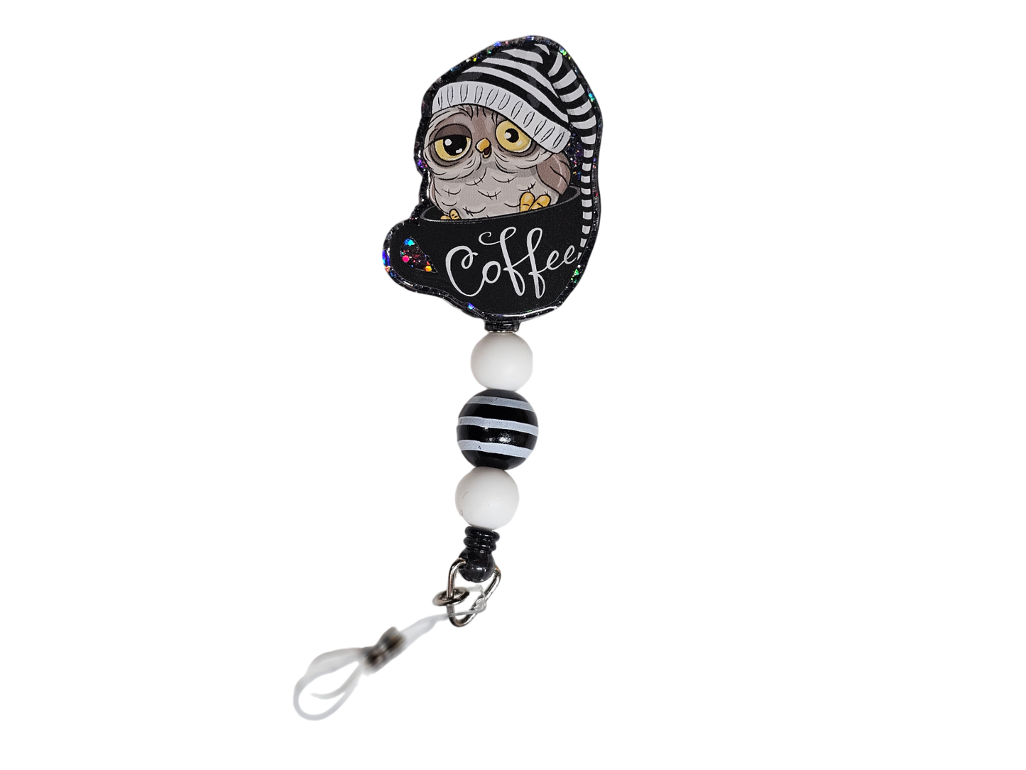 Night Owl's Brew Badge Reel - Beaded ID Holder - Cute Gift For Owl Lovers