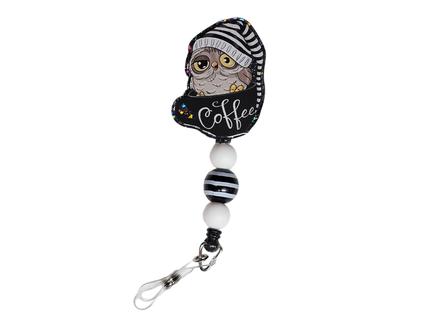 Night Owl's Brew Badge Reel - Beaded ID Holder - Cute Gift For Owl Lovers