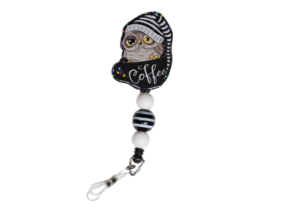 Night Owl's Brew Badge Reel - Beaded ID Holder - Cute Gift For Owl Lovers