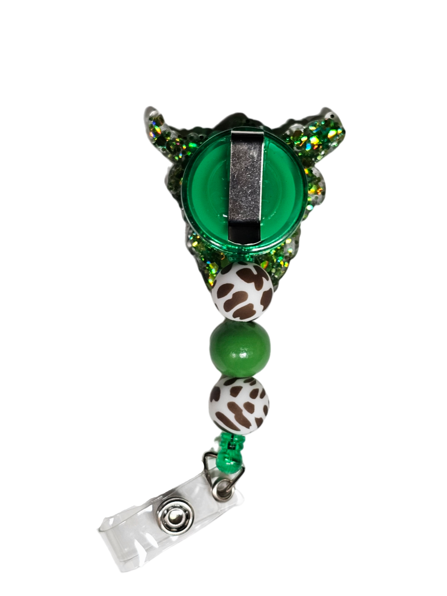 Moo-lucky Charm Retractable Badge Reel - Highland Cow Beaded ID Holder - St Patty's Day Decor