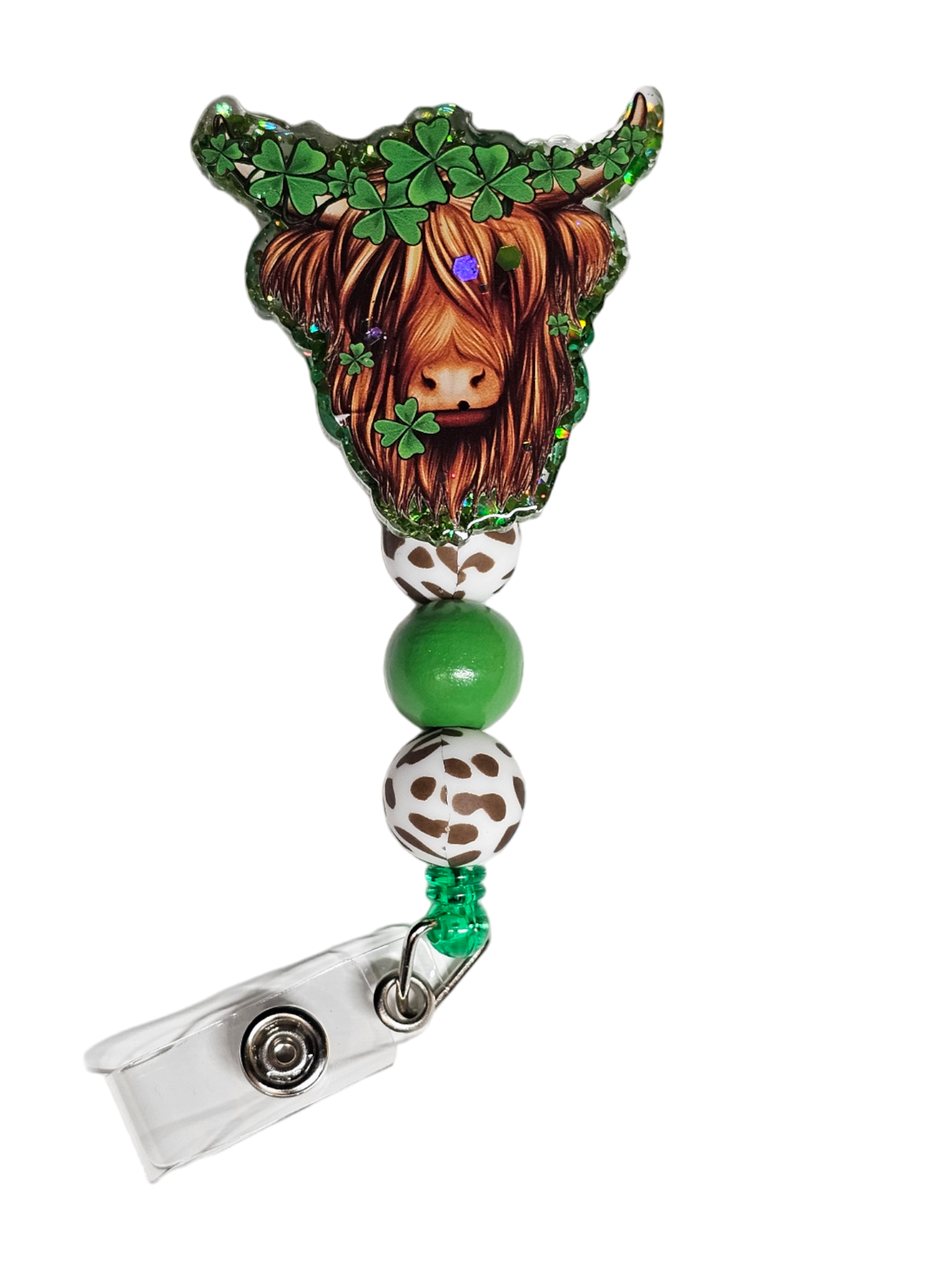 Moo-lucky Charm Retractable Badge Reel - Highland Cow Beaded ID Holder - St Patty's Day Decor