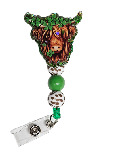 Moo-lucky Charm Retractable Badge Reel - Highland Cow Beaded ID Holder - St Patty's Day Decor