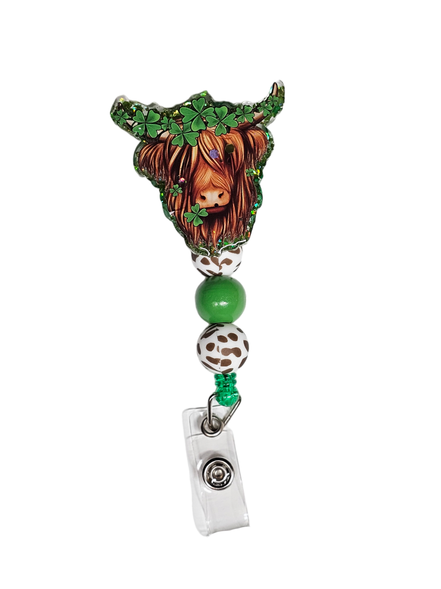 Moo-lucky Charm Retractable Badge Reel - Highland Cow Beaded ID Holder - St Patty's Day Decor