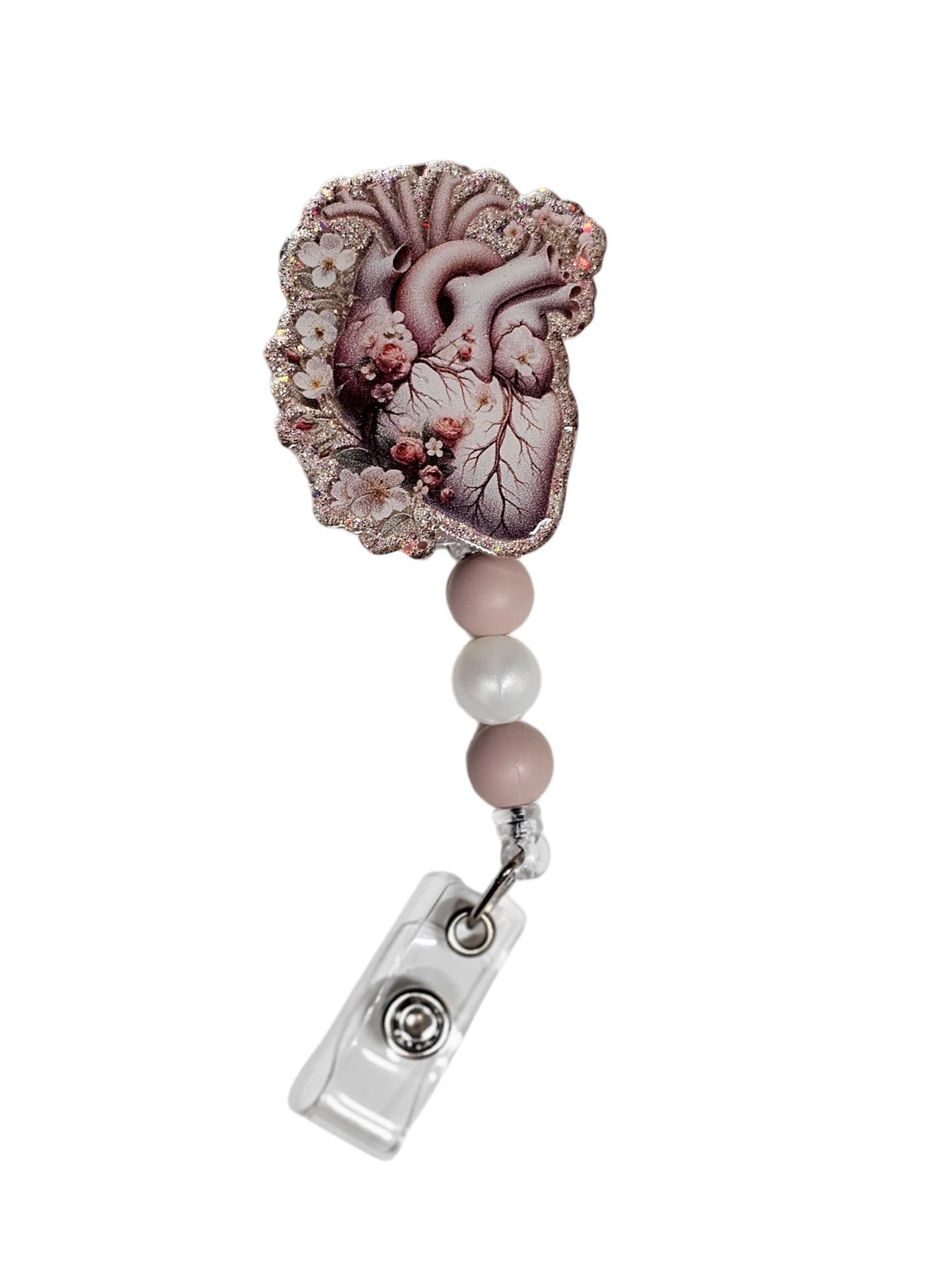 Heart & Blooms Retractable Badge Reel - Cardiologist Beaded ID Holder - Gift For Medical Student