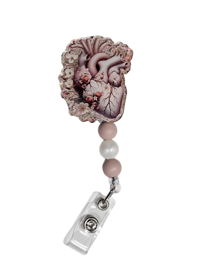 Heart & Blooms Retractable Badge Reel - Cardiologist Beaded ID Holder - Gift For Medical Student