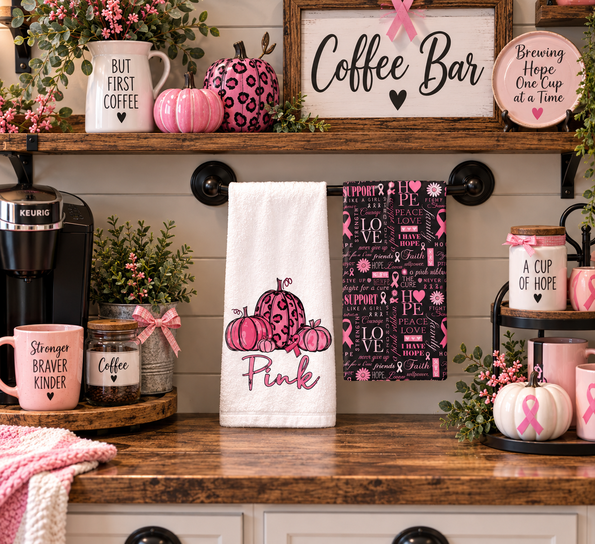 Pink pumpkin and pink-ribbon towels displayed at a coffee bar
