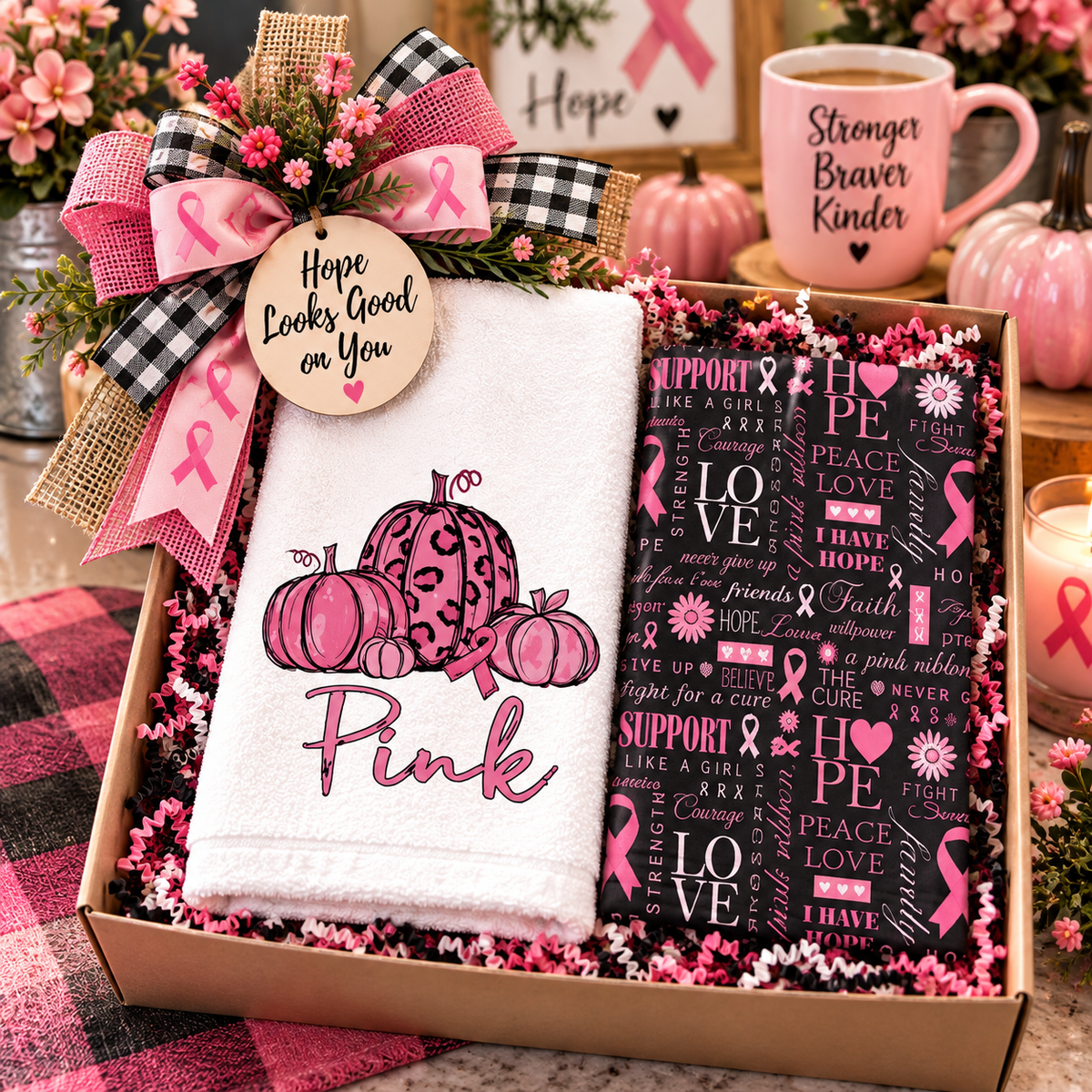 Pink pumpkin awareness towel set arranged in a gift basket