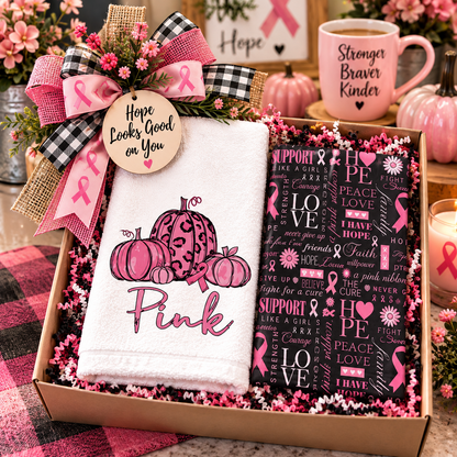Pink pumpkin awareness towel set arranged in a gift basket