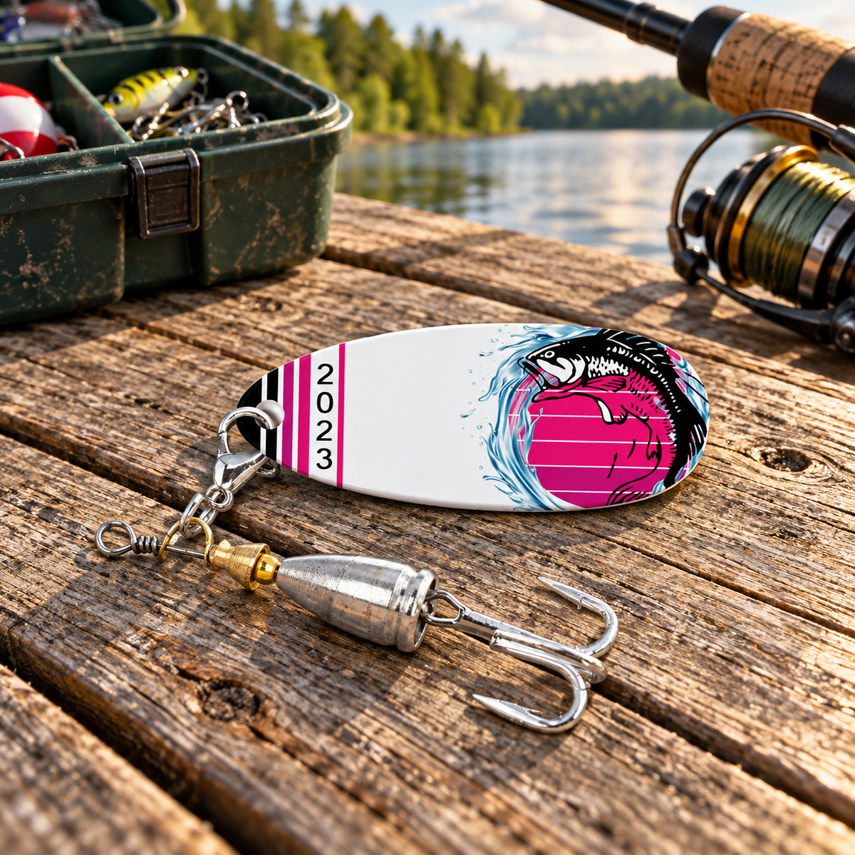 Purple Sunset Leaper fishing lure with leaping fish artwork and the year 2023 resting on a wooden dock beside a tackle box and fishing rod.