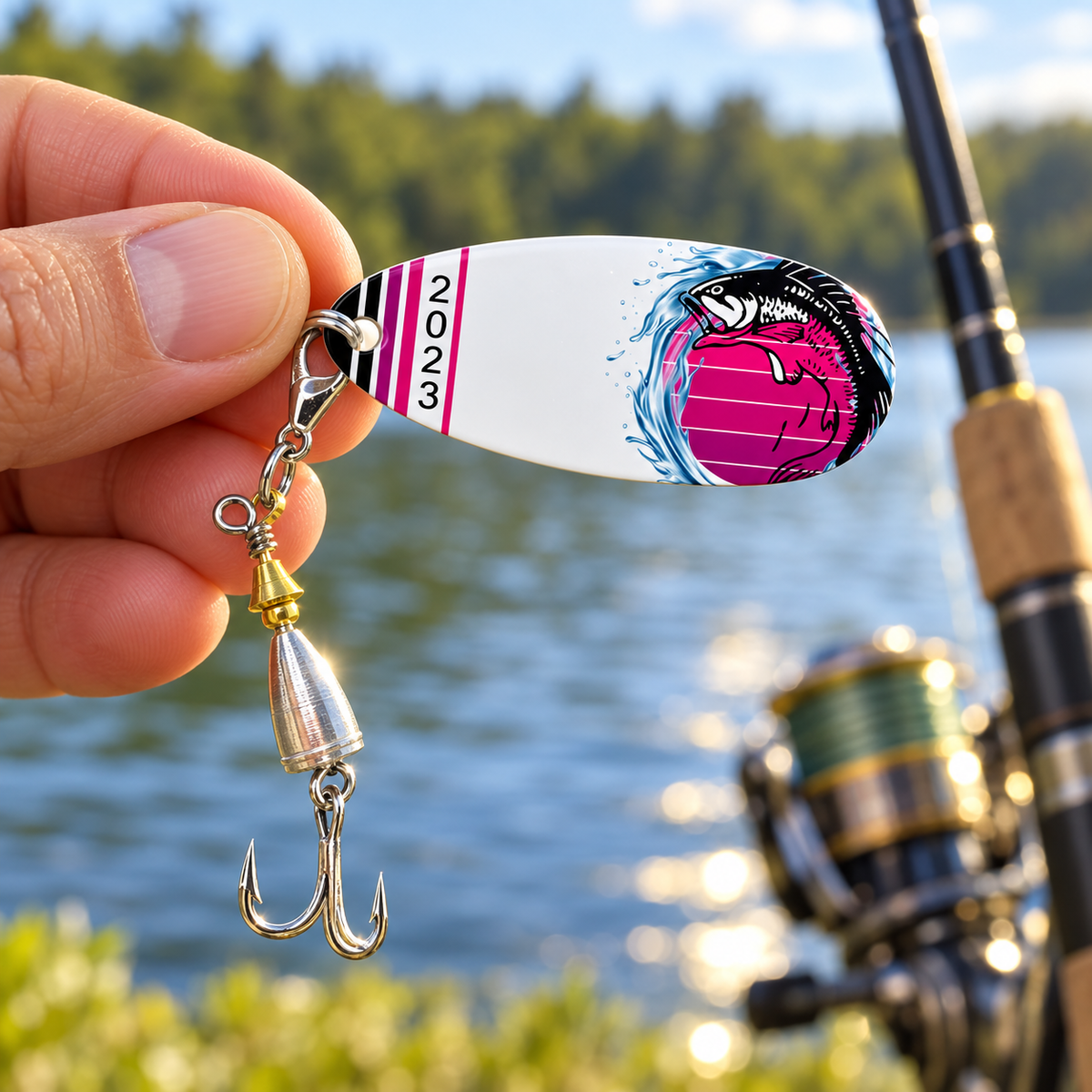 Hand holding a Purple Sunset Leaper fishing lure with leaping fish artwork, the year 2023, and a treble hook beside a lake.