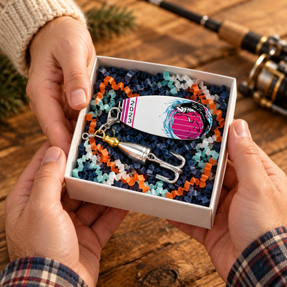 Hands presenting a Purple Sunset Leaper fishing lure in an open white gift box with navy, orange, teal, and white crinkle paper.