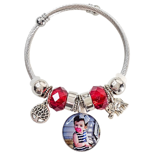 Red Serenity Silver Charm Bracelet 🌟 Adjustable Photo Charm Bracelet 🌟Custom Photograph Gift 🌟Memorial Bracelet