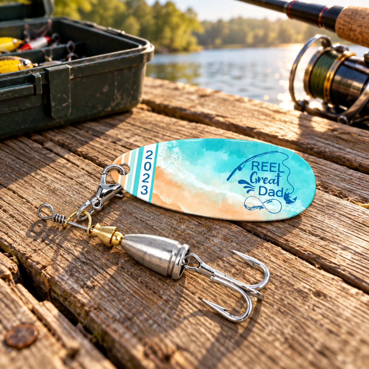 Reel Great Dad personalized fishing lure with a turquoise beach design and year 2023 on a wooden dock beside a tackle box and fishing rod.