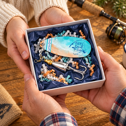Hands presenting a Reel Great Dad fishing lure in an open white gift box with navy tissue and orange, teal, and white crinkle paper.