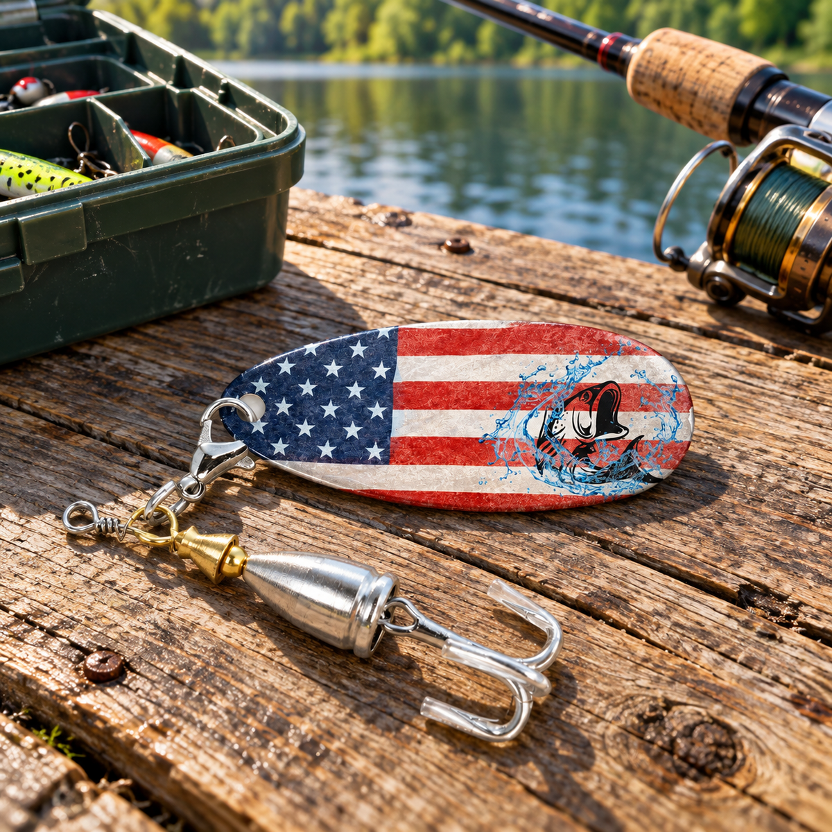 American flag fishing lure with a fish illustration resting on a wooden dock beside a tackle box and fishing rod, with a lake in the background.
