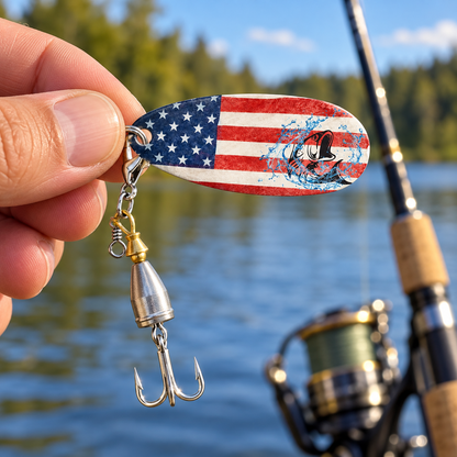 Close-up of a hand holding the American flag fishing lure with a fish illustration and treble hook beside a lake and fishing rod.