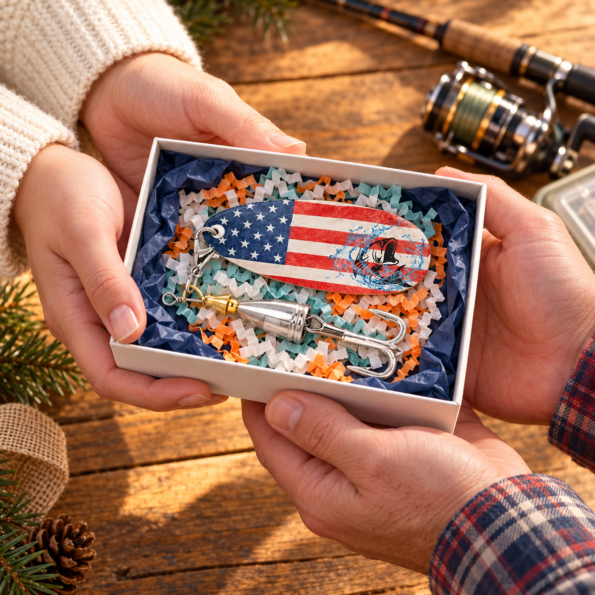Hands presenting an American flag fishing lure in a white gift box with navy tissue and orange, teal, and white crinkle paper.