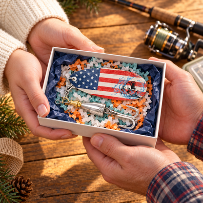 Hands presenting an American flag fishing lure in a white gift box with navy tissue and orange, teal, and white crinkle paper.