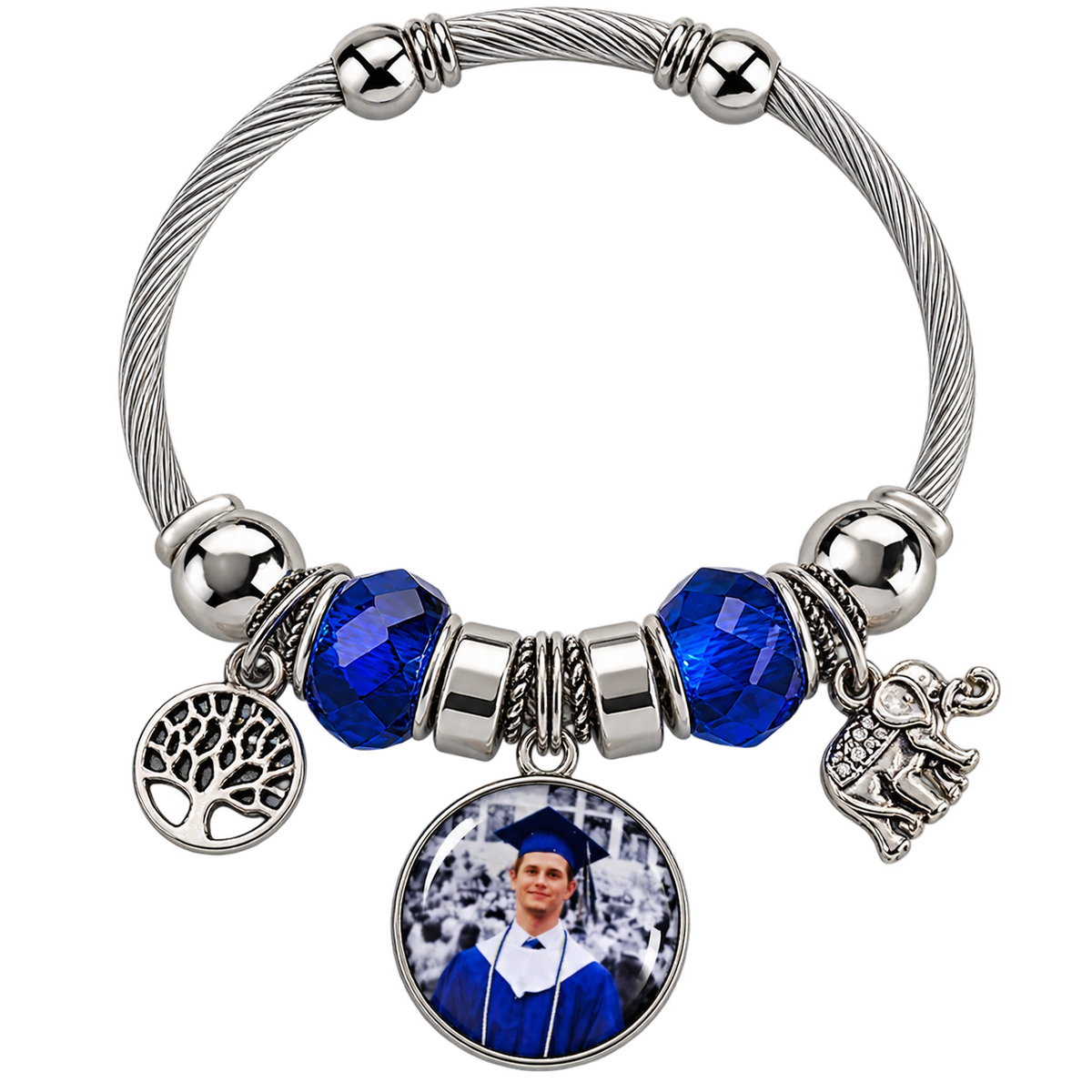 Rooted in Memories personalized photo bracelet with blue faceted beads, a silver-tone cable band, tree of life charm, and elephant charm.