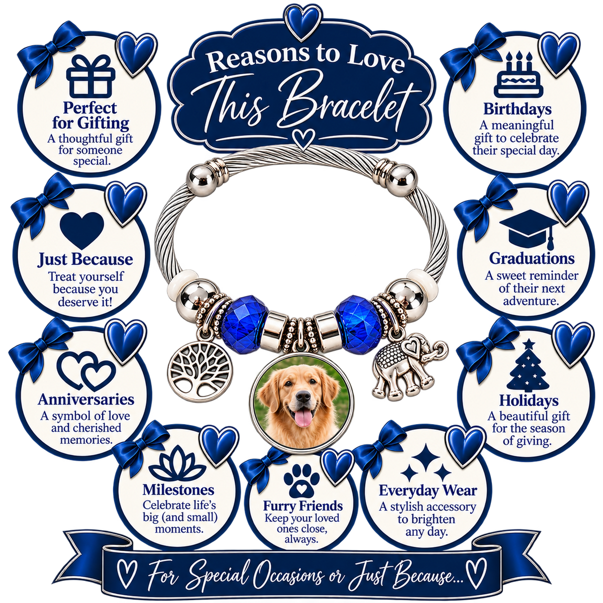 Rooted in Memories bracelet gift guide with a dog photo charm and callouts for birthdays, graduation, anniversaries, milestones, and pet keepsakes.