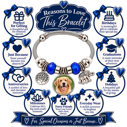 Rooted in Memories bracelet gift guide with a dog photo charm and callouts for birthdays, graduation, anniversaries, milestones, and pet keepsakes.