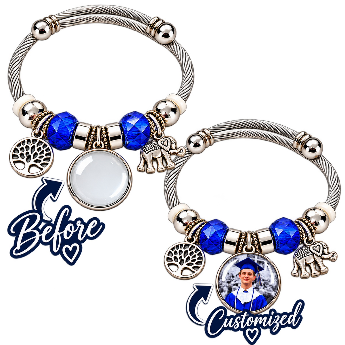 Before-and-after comparison of Rooted in Memories bracelet showing a blank round charm and the charm personalized with a graduation photo.