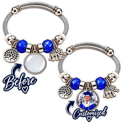 Before-and-after comparison of Rooted in Memories bracelet showing a blank round charm and the charm personalized with a graduation photo.