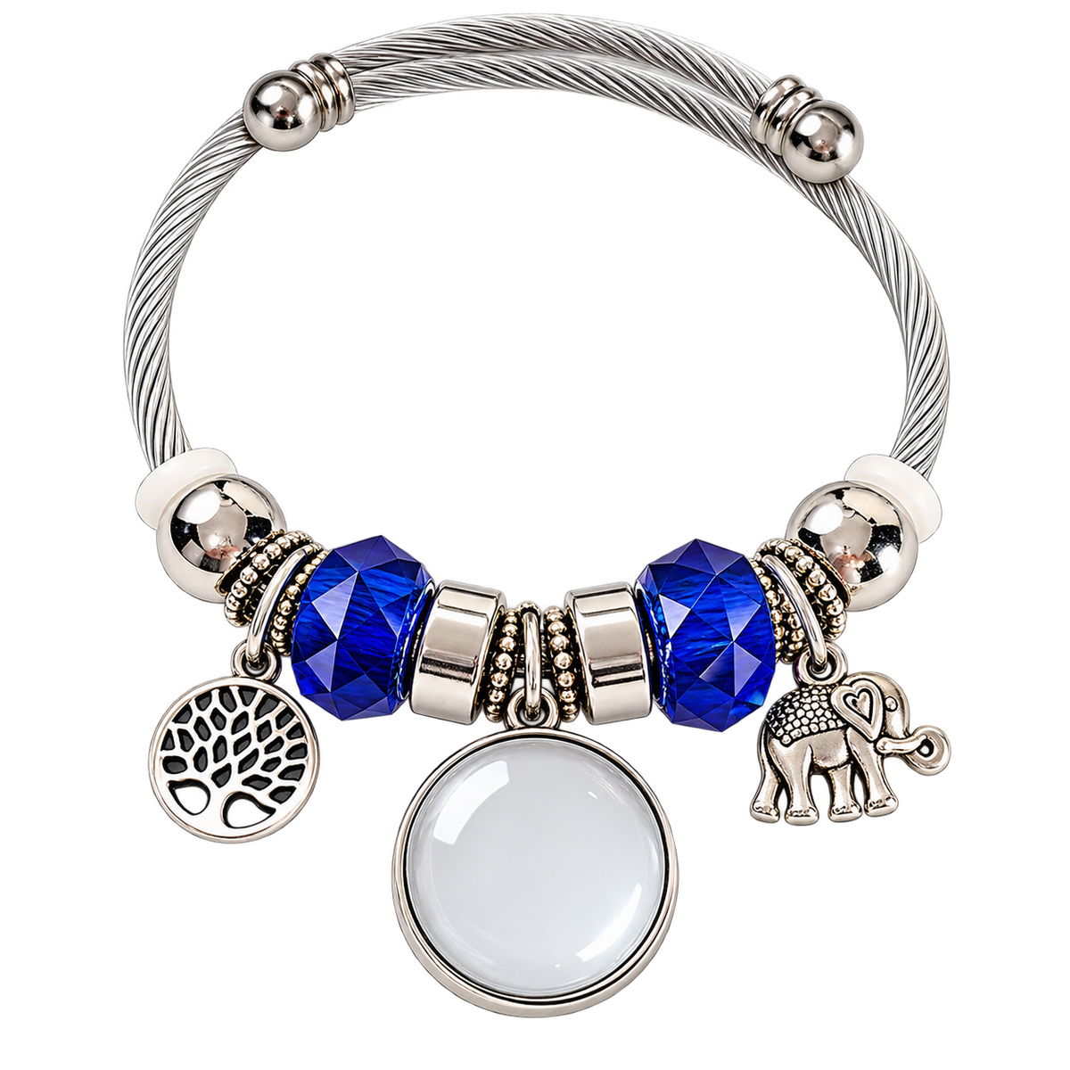 Rooted in Memories bracelet before personalization, featuring a blank round photo charm, blue faceted beads, and tree of life and elephant charms.