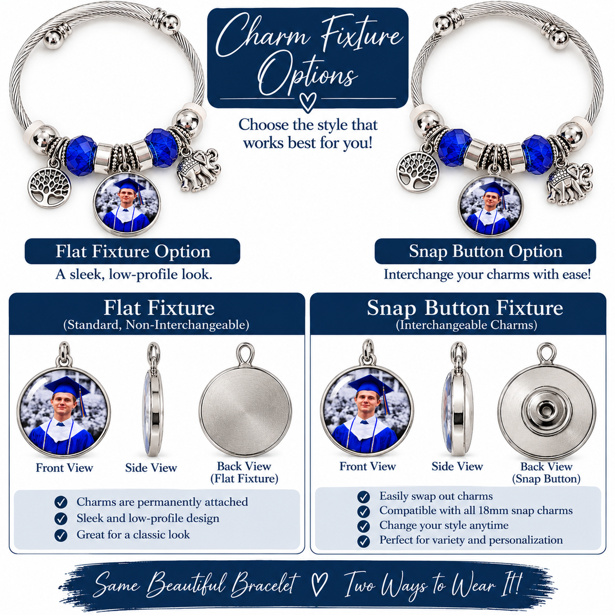Photo charm fixture comparison showing permanently attached flat and interchangeable snap button options, with front, side, and back views.