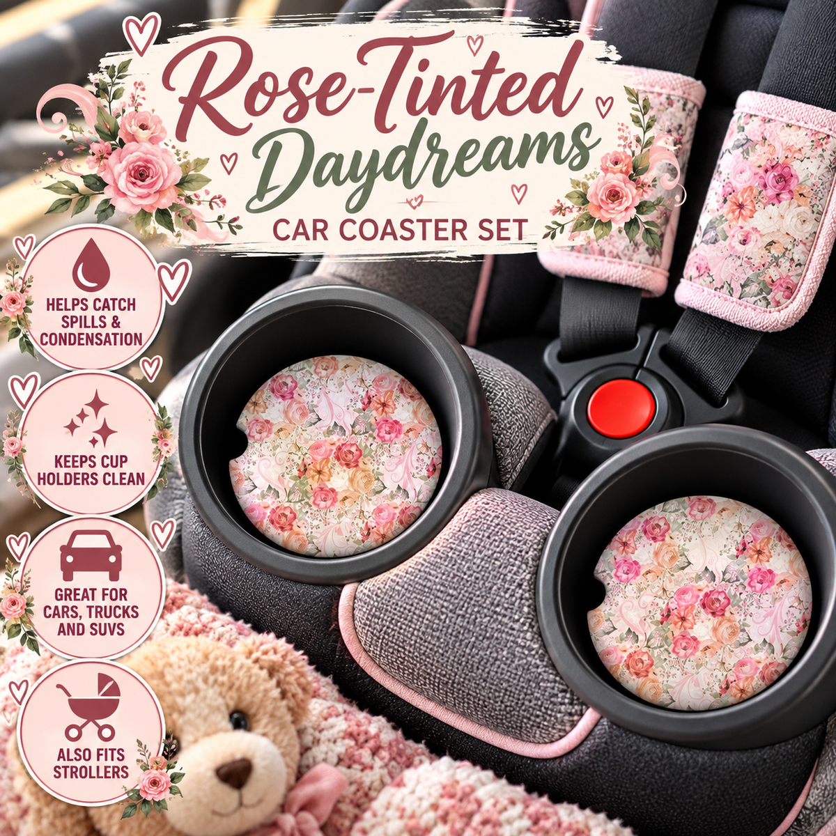 Rose-Tinted Daydreams vintage floral car coasters displayed in child car seat cup holders