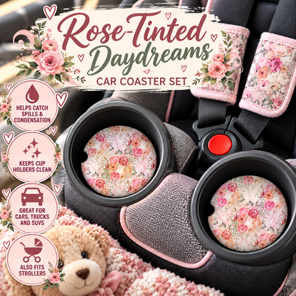 Rose-Tinted Daydreams vintage floral car coasters displayed in child car seat cup holders
