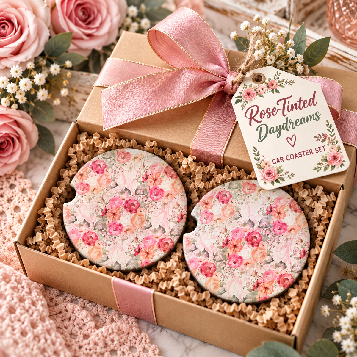 Rose-Tinted Daydreams vintage rose car coaster set presented as a floral gift