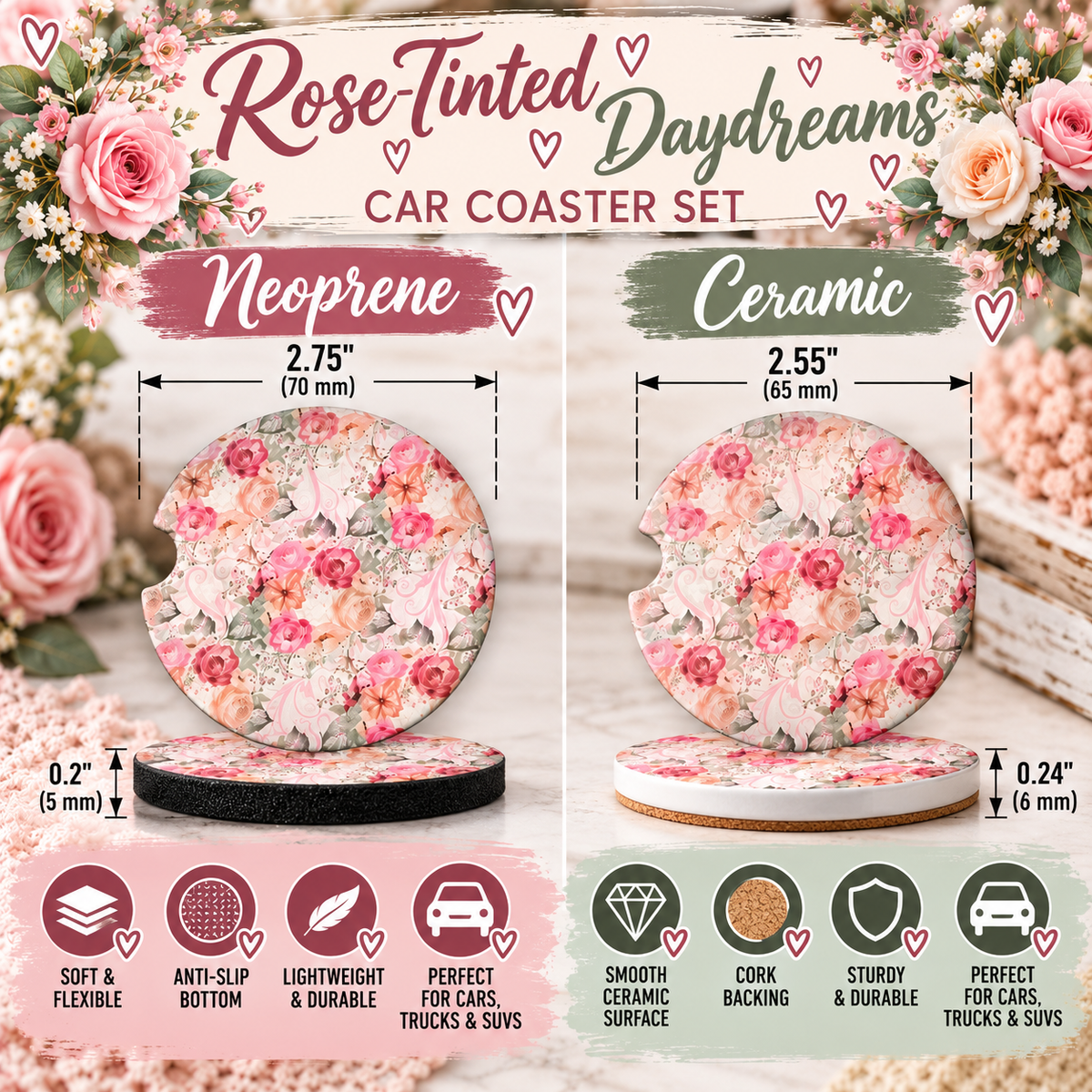 Rose-Tinted Daydreams Neoprene and Ceramic floral car coaster size comparison