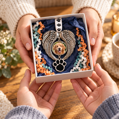 Hands giving an angel wing pet memorial ornament with a golden retriever photo in a white gift box lined with navy tissue and orange, teal, and white crinkle paper.