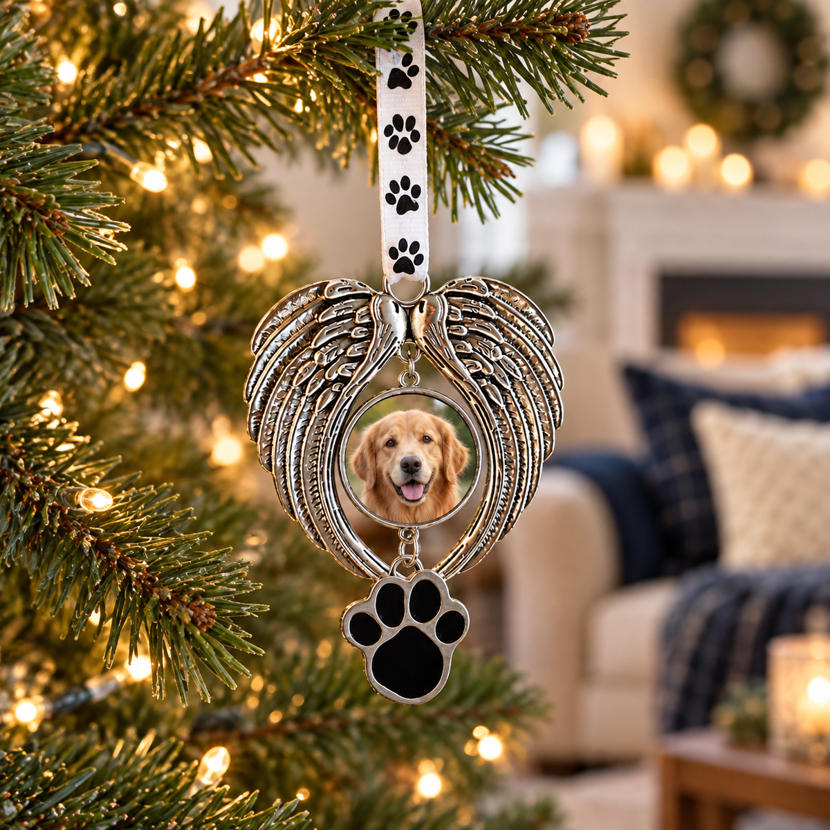 Silver-tone angel wing ornament with a golden retriever photo and black paw charm hanging from a paw-print ribbon on a lit Christmas tree.