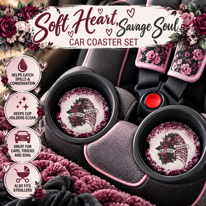 Soft Heart Savage Soul gothic floral car coasters displayed in child car seat cup holders