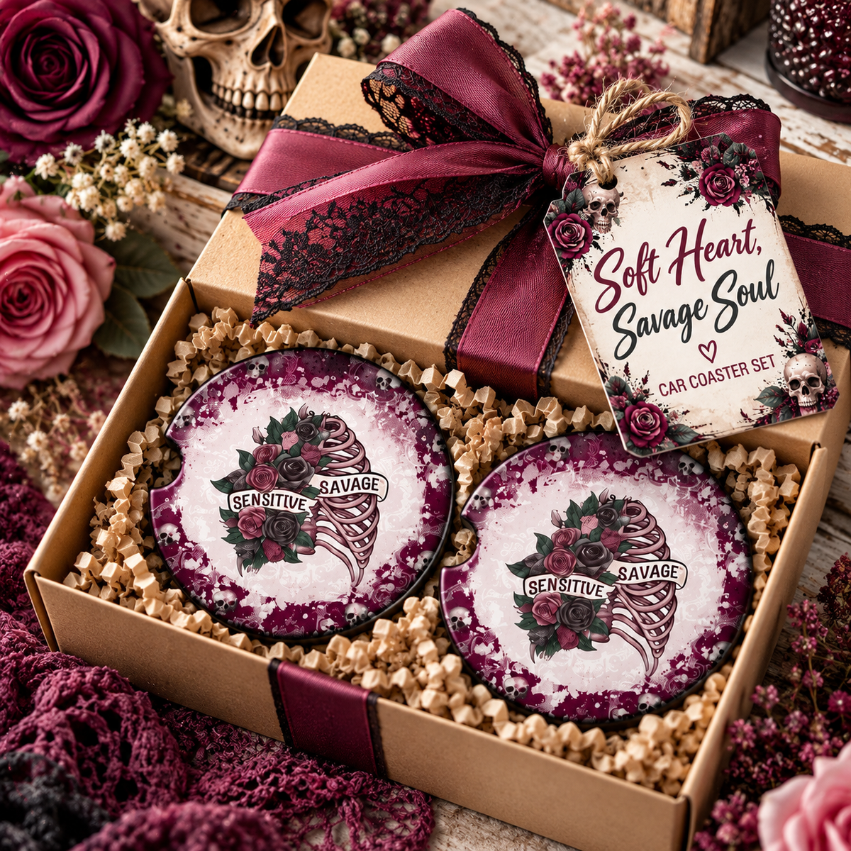 Soft Heart Savage Soul gothic floral car coaster set presented as a gift