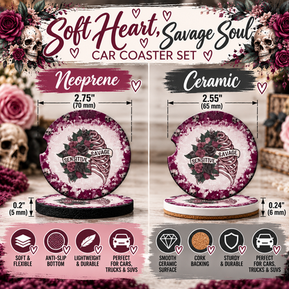 Soft Heart Savage Soul Neoprene and Ceramic gothic car coaster size comparison