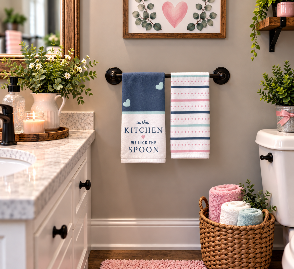 Spoons Sweets and Little Treats hand towel set hanging beside a bathroom sink