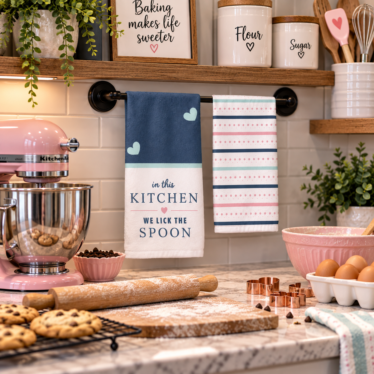 Cute baking hand towel set displayed near a stand mixer and baking supplies