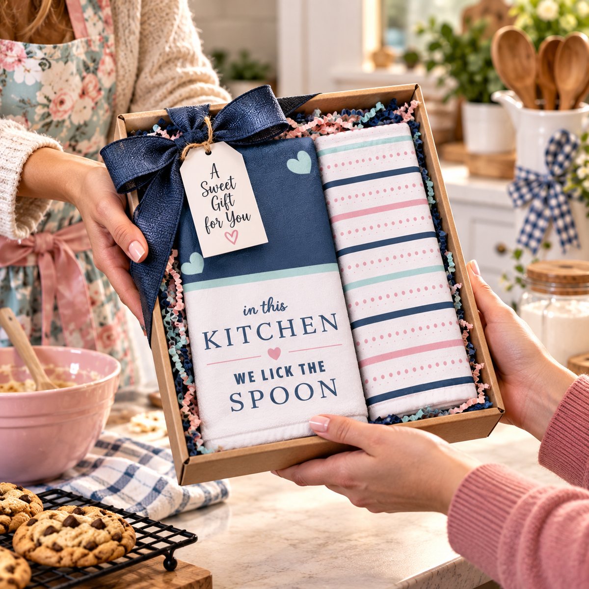 Baking kitchen hand towel set presented as a gift with wooden spoon and baking accessories