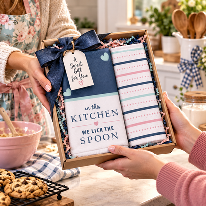 Baking kitchen hand towel set presented as a gift with wooden spoon and baking accessories