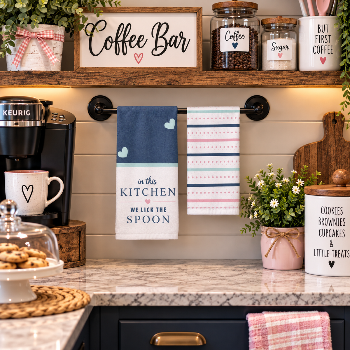Spoons Sweets and Little Treats kitchen towels hanging at a home coffee bar