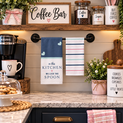 Spoons Sweets and Little Treats kitchen towels hanging at a home coffee bar