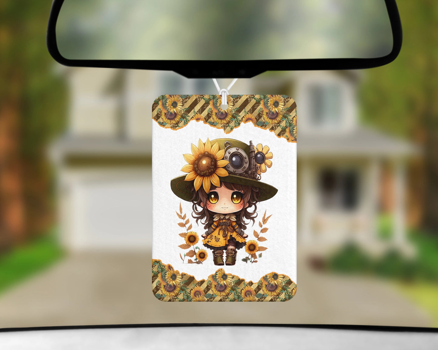 Steampunk Blooms Air Freshener - Sunflower Car Freshener - Chibi Girl Hanging Oil Diffuser